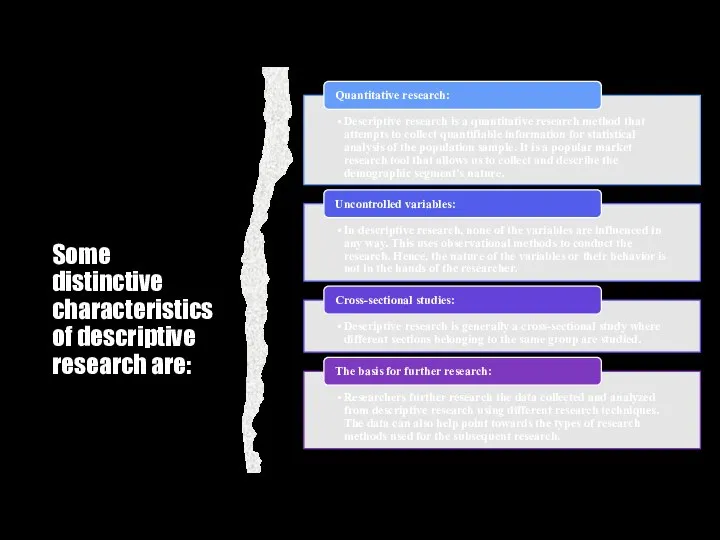 Some distinctive characteristics of descriptive research are: