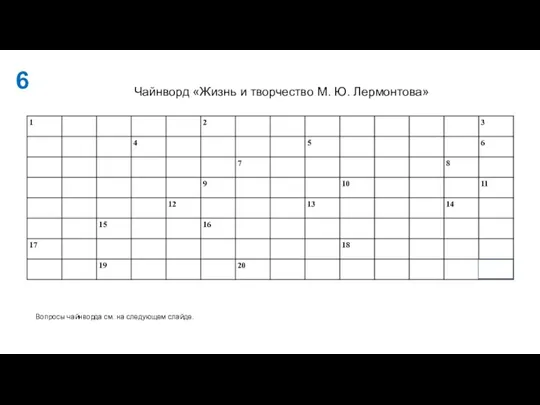 Чайнворд «Жизнь и творчество М. Ю. Лермонтова» 6 Вопросы чайнворда см. на следующем слайде.