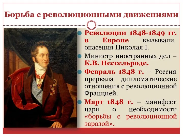 Борьба с революционными движениями Революции 1848-1849 гг. в Европе вызывали опасения Николая