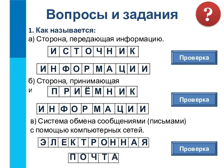 Вопросы и задания 1. Как называется: ? а) Сторона, передающая информацию. б)