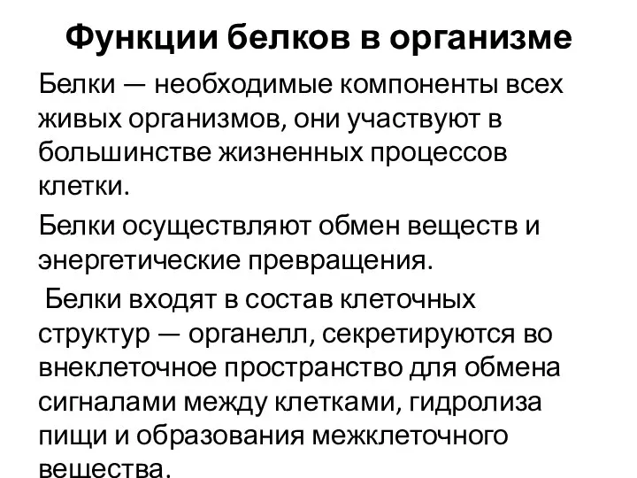 Функции белков в организме Белки — необходимые компоненты всех живых организмов, они