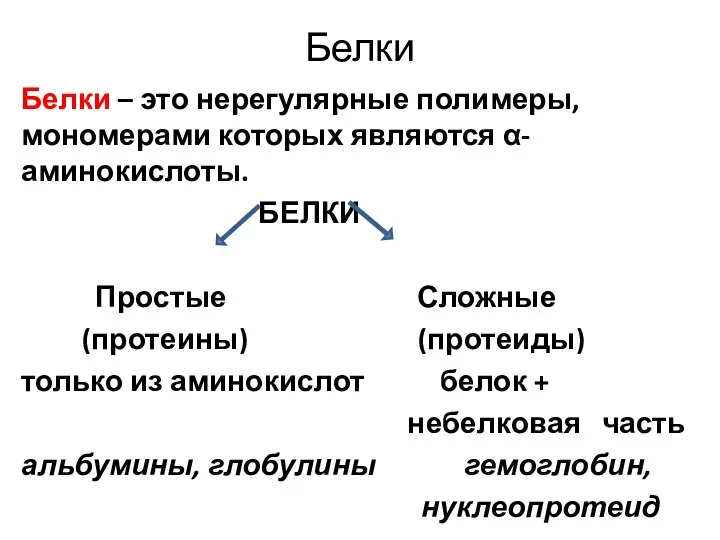 Белки Белки – это нерегулярные полимеры, мономерами которых являются α-аминокислоты. БЕЛКИ Простые