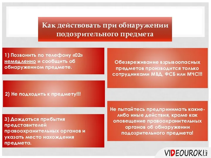 Как действовать при обнаружении подозрительного предмета 1) Позвонить по телефону «02» немедленно