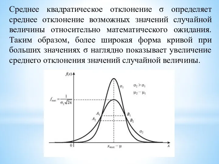 Среднее квадратическое отклонение σ определяет среднее отклонение возможных значений случайной величины относительно