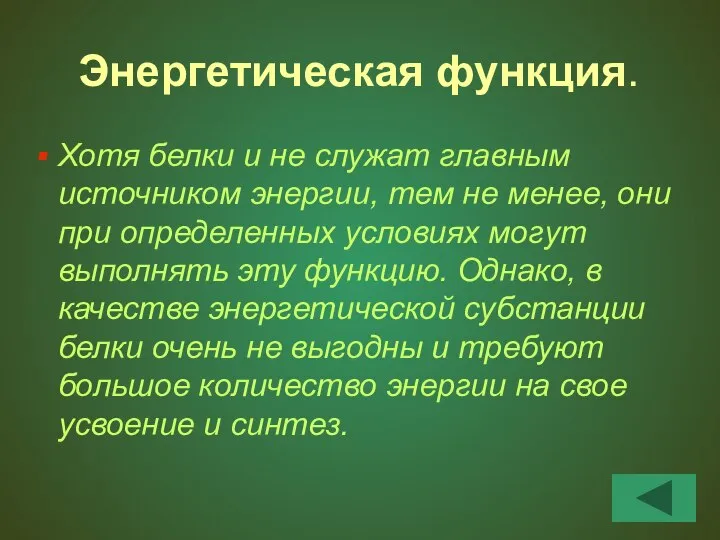 Энергетическая функция. Хотя белки и не служат главным источником энергии, тем не