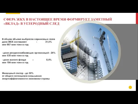 В общем объеме выбросов парниковых газов доля ЖКХ составляет - 31,5% или