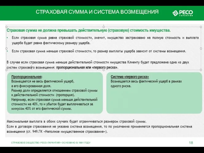 СТРАХОВОЕ ОБЩЕСТВО РЕСО-ГАРАНТИЯ • ОСНОВАНО В 1991 ГОДУ СТРАХОВАЯ СУММА И СИСТЕМА ВОЗМЕЩЕНИЯ