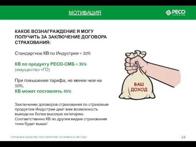 СТРАХОВОЕ ОБЩЕСТВО РЕСО-ГАРАНТИЯ • ОСНОВАНО В 1991 ГОДУ МОТИВАЦИЯ КАКОЕ ВОЗНАГРАЖДЕНИЕ Я