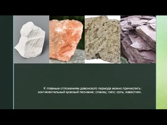 ◤ К главным отложениям девонского периода можно причислить: континентальный красный песчаник; сланец; гипс; соль; известняк.