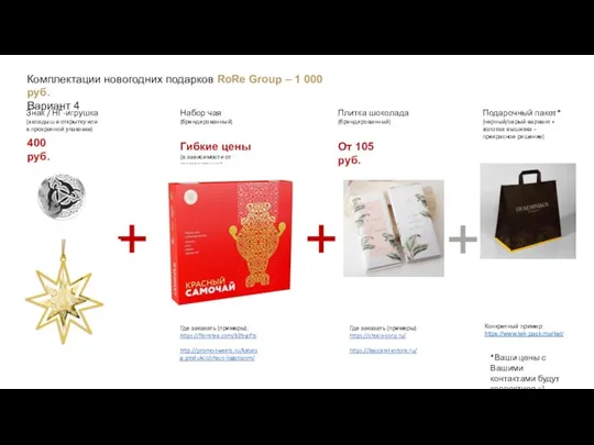 Где заказать (примеры): https://floristea.com/b2b-gifts http://promo-sweets.ru/katalog-produkcii/chaj-s-logotipom/ Комплектации новогодних подарков RoRe Group – 1