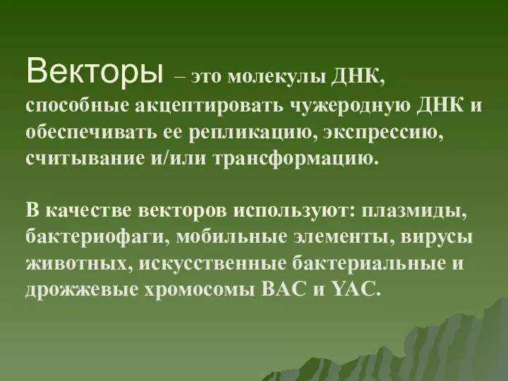 Векторы – это молекулы ДНК, способные акцептировать чужеродную ДНК и обеспечивать ее