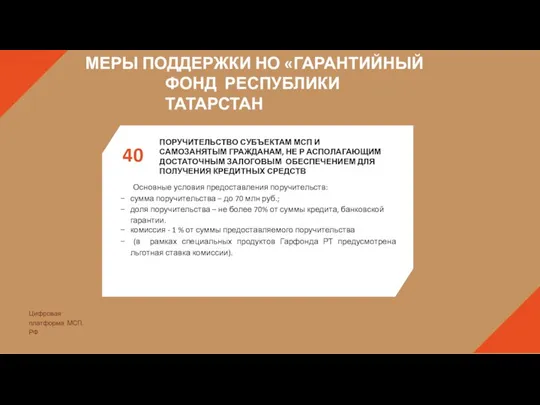 40 Основные условия предоставления поручительств: сумма поручительства – до 70 млн руб.;
