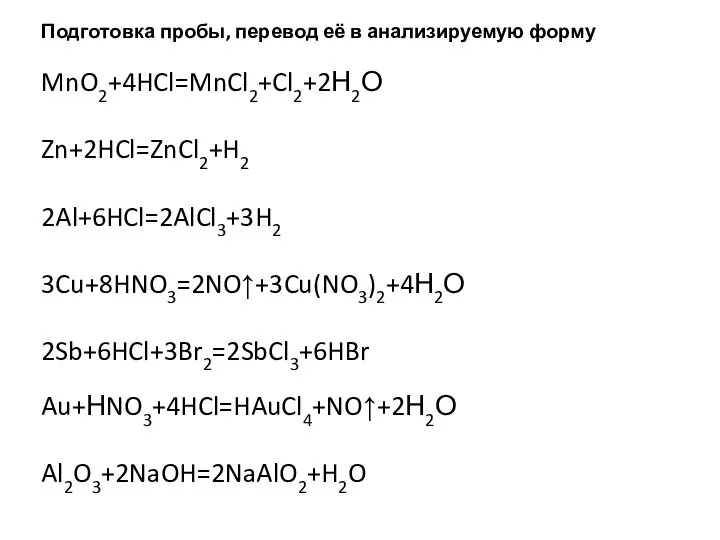 Подготовка пробы, перевод её в анализируемую форму MnO2+4HCl=MnCl2+Cl2+2Н2О Zn+2HCl=ZnCl2+H2 2Al+6HCl=2AlCl3+3H2 3Cu+8HNO3=2NO↑+3Cu(NO3)2+4Н2О 2Sb+6HCl+3Br2=2SbCl3+6HBr Au+НNO3+4HCl=HAuCl4+NO↑+2Н2О Al2O3+2NaOH=2NaAlO2+H2O