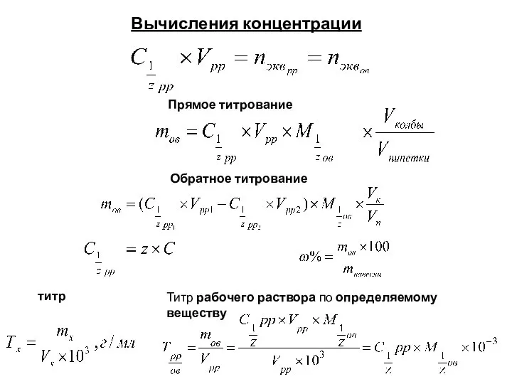 Вычисления концентрации Прямое титрование Обратное титрование титр Титр рабочего раствора по определяемому веществу