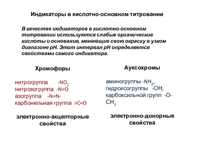 Индикаторы в кислотно-основном титровании В качестве индикаторов в кислотно-основном титровании используются слабые