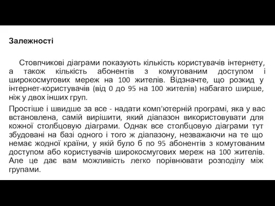 Залежності Стовпчикові діаграми показують кількість користувачів інтернету, а також кількість абонентів з