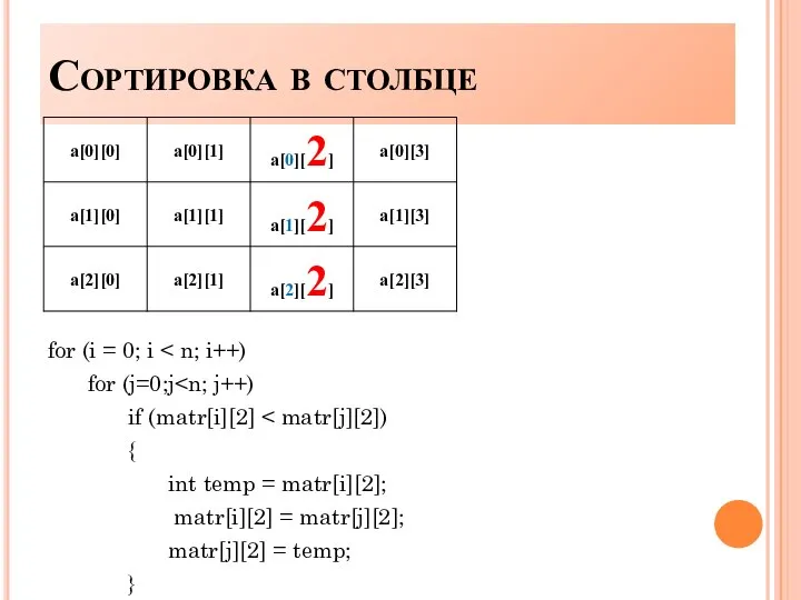 Сортировка в столбце for (i = 0; i for (j=0;j if (matr[i][2]