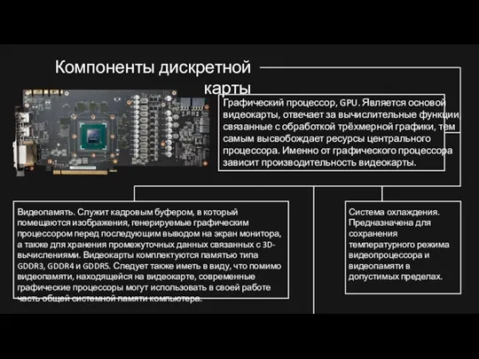 Компоненты дискретной карты Графический процессор, GPU. Является основой видеокарты, отвечает за вычислительные