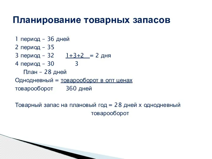 Планирование товарных запасов 1 период – 36 дней 2 период – 35