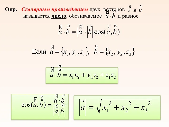 Опр. Скалярным произведением двух векторов называется число, обозначаемое и равное