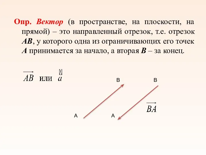 Опр. Вектор (в пространстве, на плоскости, на прямой) – это направленный отрезок,