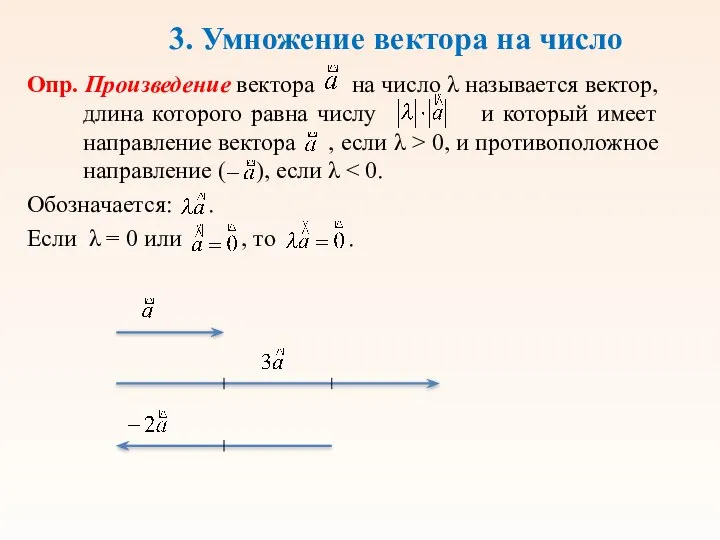 3. Умножение вектора на число Опр. Произведение вектора на число λ называется