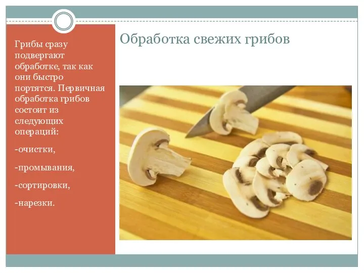 Обработка свежих грибов Грибы сразу подвергают обработке, так как они быстро портятся.