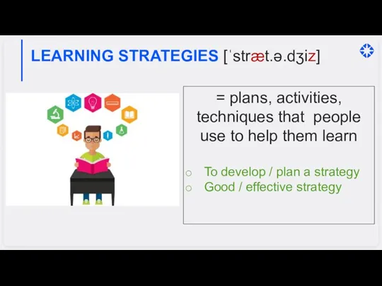 = plans, activities, techniques that people use to help them learn To