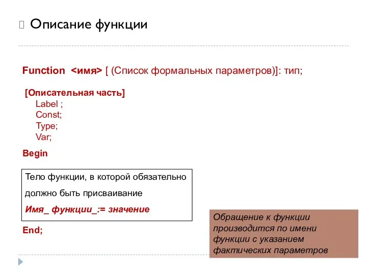 Описание функции Function [ (Список формальных параметров)]: тип; [Описательная часть] Label ;