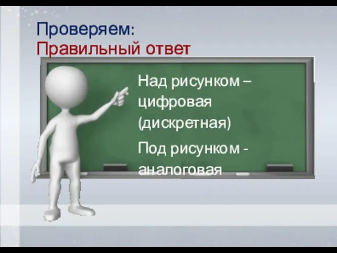 Проверяем: Правильный ответ Над рисунком – цифровая (дискретная) Под рисунком - аналоговая