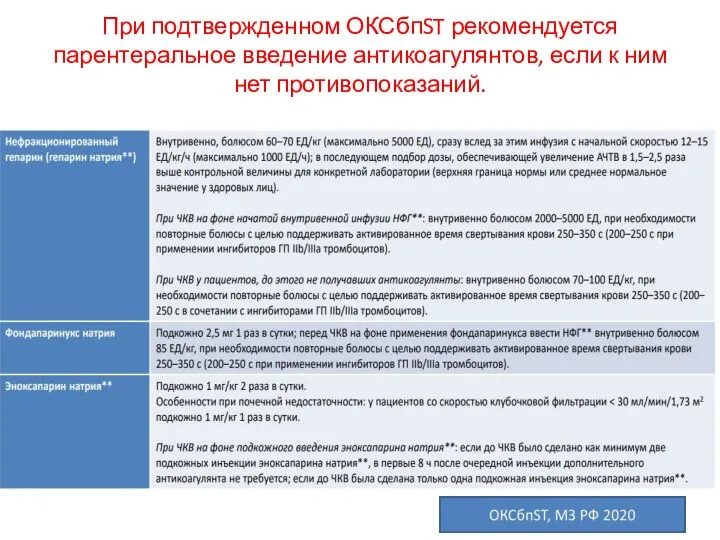 При подтвержденном ОКСбпST рекомендуется парентеральное введение антикоагулянтов, если к ним нет противопоказаний.