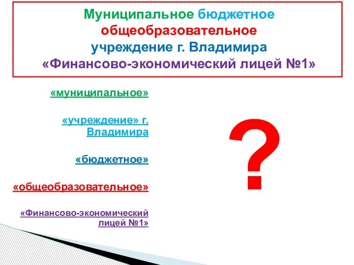 «муниципальное» «учреждение» г. Владимира «бюджетное» «общеобразовательное» «Финансово-экономический лицей №1» Муниципальное бюджетное общеобразовательное