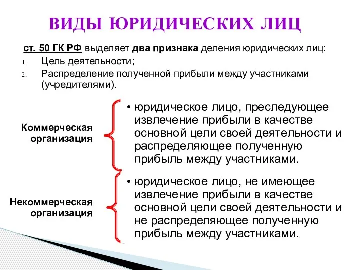 ст. 50 ГК РФ выделяет два признака деления юридических лиц: Цель деятельности;