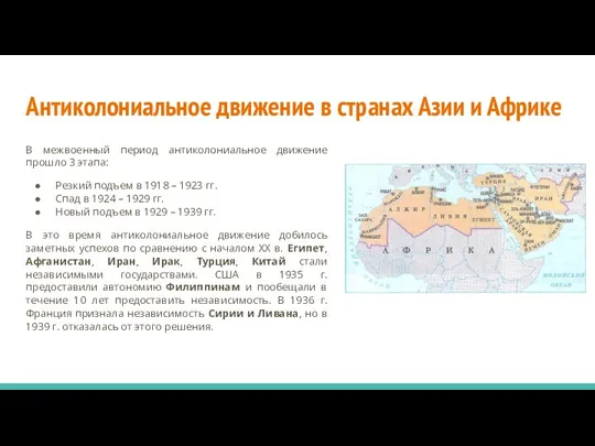 Антиколониальное движение в странах Азии и Африке В межвоенный период антиколониальное движение