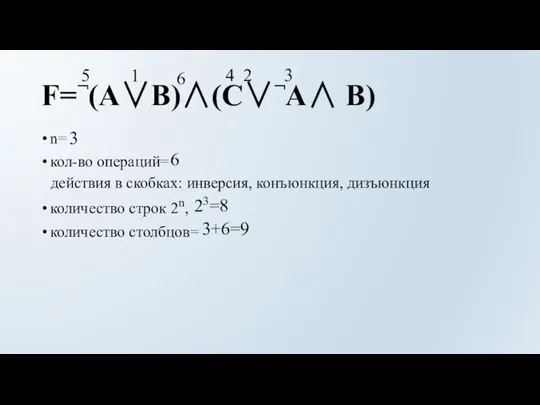 F=¬(A∨B)∧(C∨¬A∧ B) n= кол-во операций= количество строк 2n, количество столбцов= 3+6=9 23=8