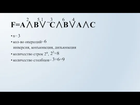 F=A∧B∨¬C∧B∨A∧C n= кол-во операций= количество строк 2n, количество столбцов= 3+6=9 23=8 6