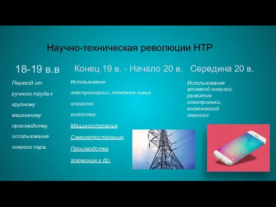 Научно-техническая революции НТР 18-19 в.в Переход от ручного труда к крупному машинному