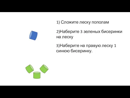 1) Сложите леску пополам 2)Наберите 3 зеленых бисеринки на леску 3)Наберите на