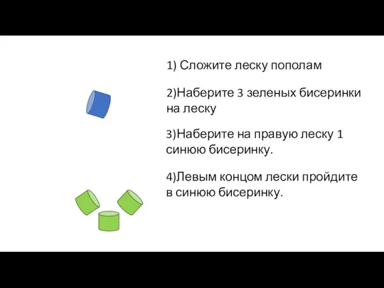 1) Сложите леску пополам 2)Наберите 3 зеленых бисеринки на леску 3)Наберите на