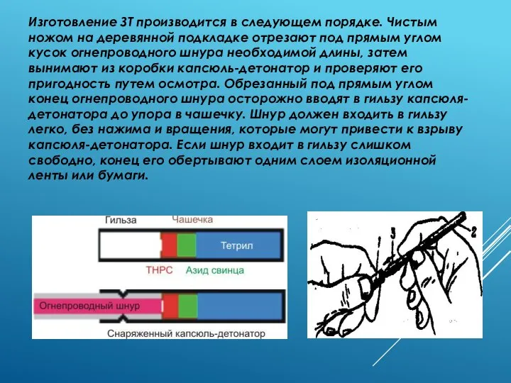 Изготовление ЗТ производится в следующем порядке. Чистым ножом на деревянной подкладке отрезают