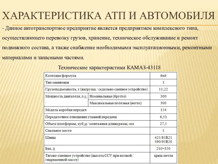 ХАРАКТЕРИСТИКА АТП И АВТОМОБИЛЯ - Данное автотранспортное предприятие является предприятием комплексного типа,