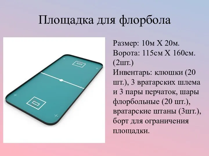 Площадка для флорбола Размер: 10м Х 20м. Ворота: 115см Х 160см. (2шт.)