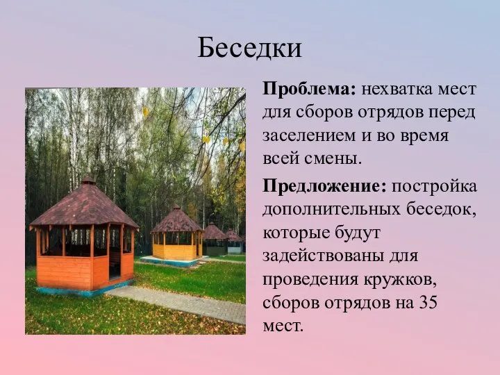 Беседки Проблема: нехватка мест для сборов отрядов перед заселением и во время