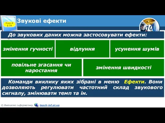 Звукові ефекти Розділ 4 § 28 До звукових даних можна застосовувати ефекти: