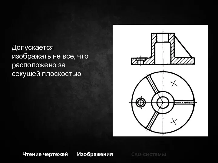 Чтение чертежей Изображения CAD-системы Допускается изображать не все, что расположено за секущей плоскостью