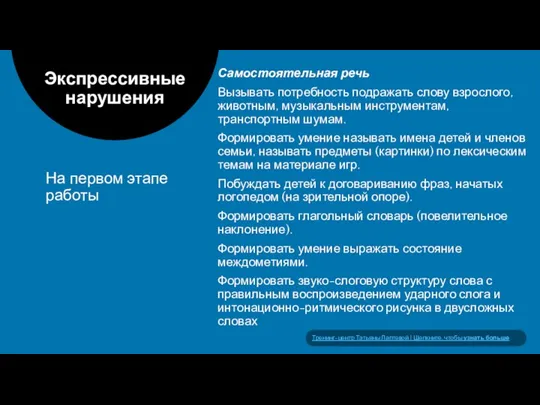 На первом этапе работы Экспрессивные нарушения Самостоятельная речь Вызывать потребность подражать слову