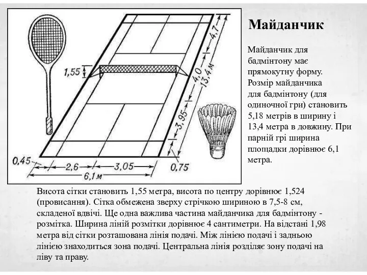 Майданчик для бадмінтону має прямокутну форму. Розмір майданчика для бадмінтону (для одиночної