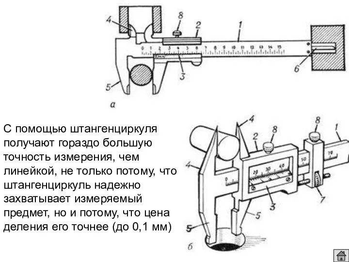 С помощью штангенциркуля получают гораздо большую точность измерения, чем линейкой, не только