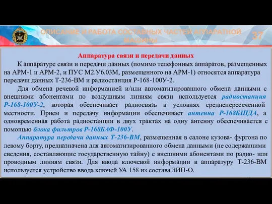 ОПИСАНИЕ И РАБОТА СОСТАВНЫХ ЧАСТЕЙ АППАРАТНОЙ МАШИНЫ 37 Аппаратура связи и передачи