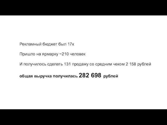 Рекламный бюджет был 17к Пришло на ярмарку ~210 человек И получилось сделать